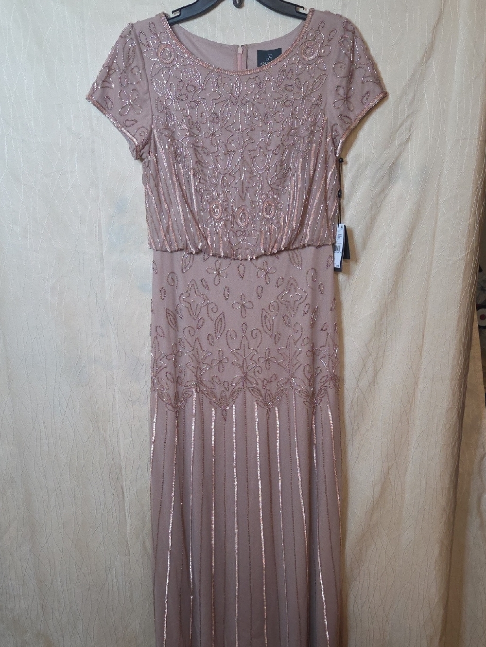 Adrianna Papell Rose Gold Sequin Beaded Maxi Dress‎